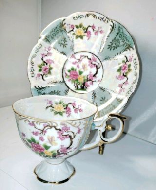 ROYAL HALSEY FOOTED IRIDESCENT Tea Cup and Saucer Roses w/ Cherry Blossoms Tree 3