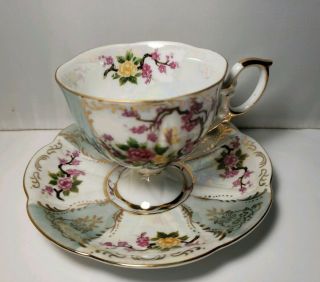 ROYAL HALSEY FOOTED IRIDESCENT Tea Cup and Saucer Roses w/ Cherry Blossoms Tree 5
