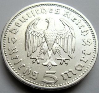 (864) Antique Wwii German 3rd Reich 1935 A 5 Reichsmark Silver Coin