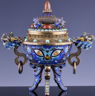 Chinese Filigree Sterling Silver Enamel & Carnelian Dragon Censer Vase