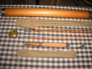 Antique Orvis Split Bamboo Fly Fishing Rod 3/2 Bag,  Wood Case,  8ft.  6in.