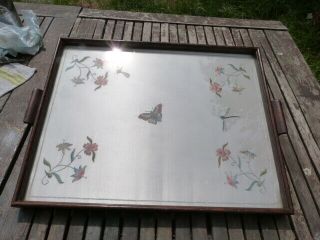 Large Vintage Embroidered Silk/wood/glass Serving Tray.