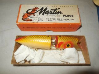Vintage Martin 4 " Salmon Plug Fishing Lure & Box 5j - 13 Yellow Silver Scale Nos