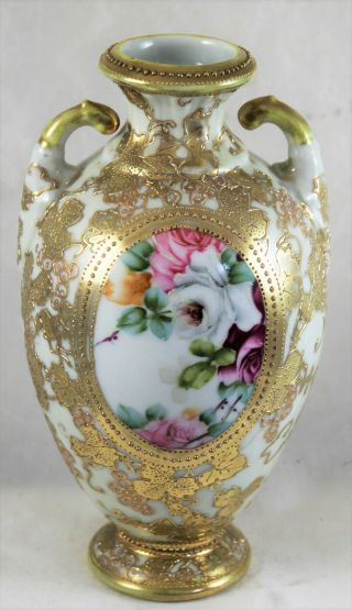 Antique Nippon Moriage Gilt Beaded Art Nouveau Floral Painted Twin Handled Vase