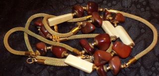 Antique Signed Miriam Haskell Long Brownstone & Bone Vtg Roll Gold Mesh Necklace