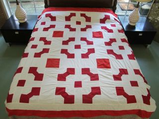 Full Vintage Classic 2 - Tone Turkey Red & White Cotton Bow Tie Quilt Top; Good