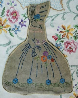 Vintage Embroidered Floral Flower Crinoline Lady Lined Linen Bag