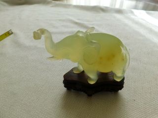 Antique Chinese Hand Carved Jade Elephant Figurine With Wood Stand