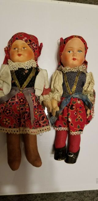 2 Vintage European Dressed 8 " Composite/paper Mache Heads Dolls Fabric Filled