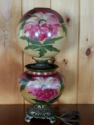 Antique Hand Painted Floral Banquet Parlor Oil Lamp Converted To Electric