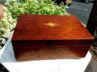 Antique Walnut Writing Slope With Tunbridge Ware Cartouch And China Inkwell