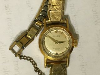 Vintage 18k Gold Rolex Precision Ladies Watch With 5 " Band And Safety Chain