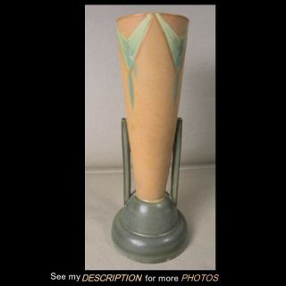 Antique 1920s Roseville Futura Green & Tan 2 Column 12 - 3/8 " H Vase