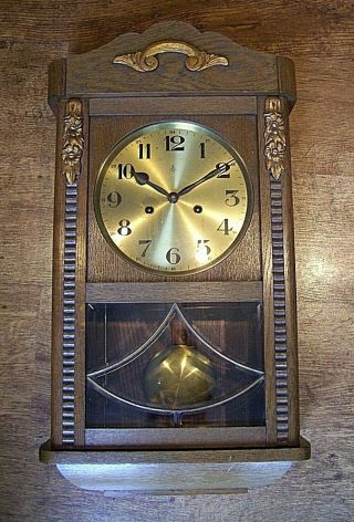 Antique Early 20th Century Oak Cased Gustav Becker Wall Clock With Chime (key)