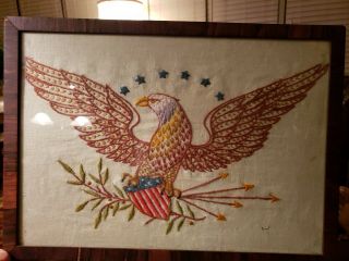 Antique Embroidery Patriotic Old Glory Eagle Needlework Framed Picture