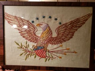 Antique Embroidery Patriotic Old Glory Eagle Needlework Framed Picture 2