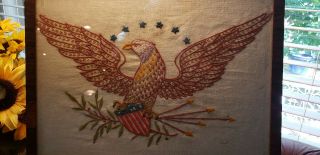 Antique Embroidery Patriotic Old Glory Eagle Needlework Framed Picture 3