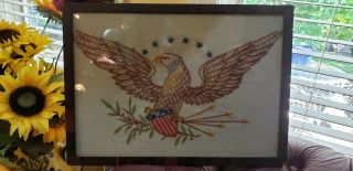 Antique Embroidery Patriotic Old Glory Eagle Needlework Framed Picture 4