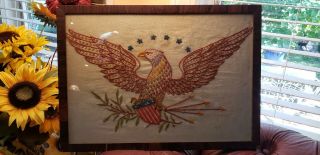 Antique Embroidery Patriotic Old Glory Eagle Needlework Framed Picture 5