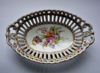 Franziska Hirsch Antique Dresden Reticulated Oval Dish W Hp Floral - 7 1/2 " X 5 "