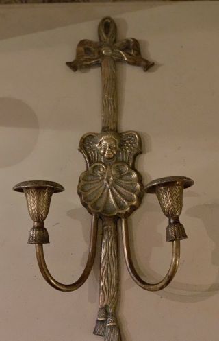 Antique Solid Brass Cherub / Angel 2 Arm Wall Sconce Candle Holder