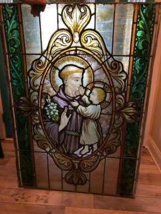 Rare Large Antique Catholic Church St.  Anthony Stained Glass Window 50 X 35