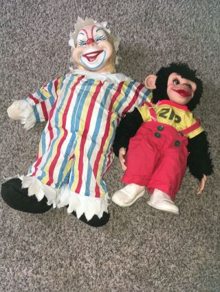 Vintage Rushton Rubber Face Clown Stuffed 19 - 20 " And Zip Monkey 15”