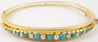 Antique 15 Carat Yellow Gold Turquoise And Pearl Set 6.  5 Inch Oval Hinged Bangle
