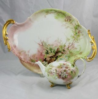Antique French Hand Painted Limoges Porcelain Tray 12x17 & Teapot