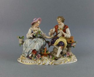 Antique Porcelain Sitzendorf Romantic Figurine Of Couple With Flowers,  Signed