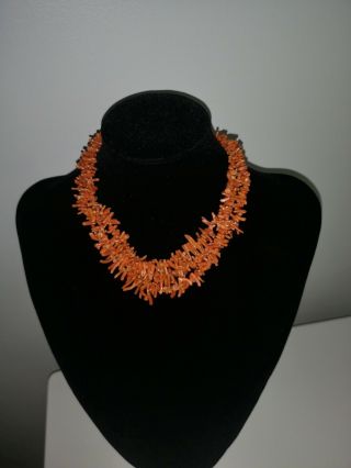 Antique Vintage Coral Three Strand Necklace With Clasp Stamped