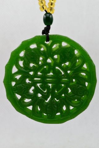 Natural Hand - Carved Green Jade Sided Hollow Pendant - Necklace 五福拜寿 Bat