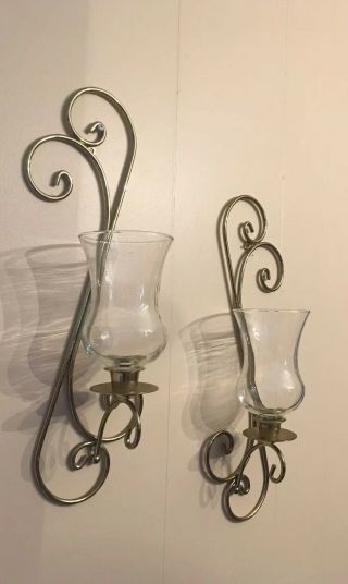 Vintage Pair Metal Wall Sconce Candle Holders With Clear Hurricane Shades