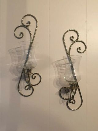 Vintage Pair Metal Wall Sconce Candle Holders With Clear Hurricane Shades 2