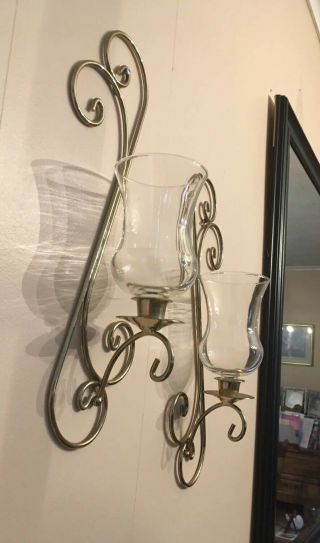 Vintage Pair Metal Wall Sconce Candle Holders With Clear Hurricane Shades 3