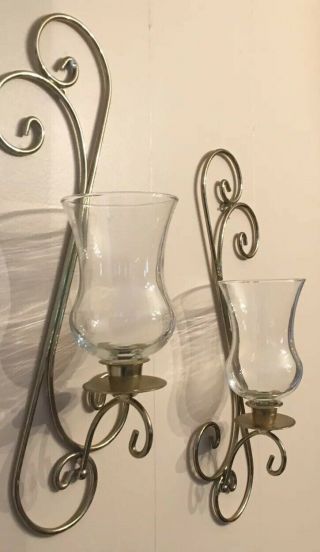 Vintage Pair Metal Wall Sconce Candle Holders With Clear Hurricane Shades 4