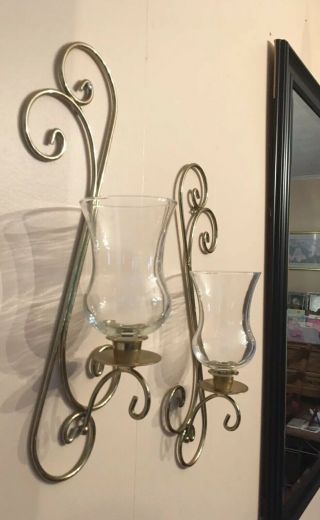 Vintage Pair Metal Wall Sconce Candle Holders With Clear Hurricane Shades 5