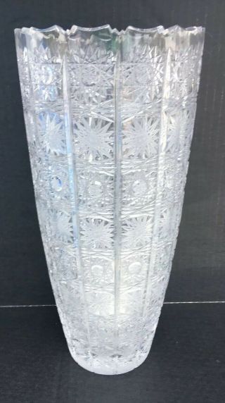Antique Czech Bohemian Cut Crystal Glass Vase Queen Lace Pattern Height 12” Tall