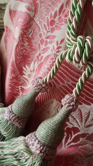 Stunning Antique - Style Vintage French Houles Pink,  Green Tassled Pompom Tiebacks
