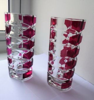 2x Modern / Retro Design Clear & Cranberry Color Glass Vases By J G Durand
