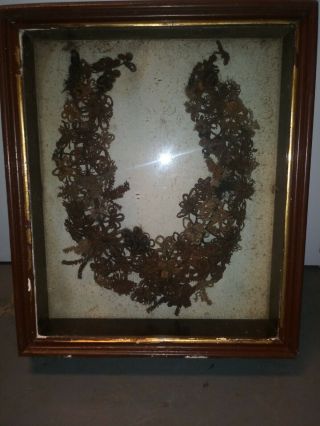 Antique Victorian Hair Mourning Wreath In Wood Shadow Box