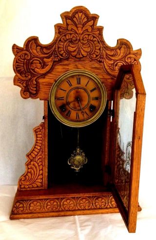 Antique,  E.  Ingraham’s Gingerbread Style Wooden Mantle Clock Functional W/ Key.