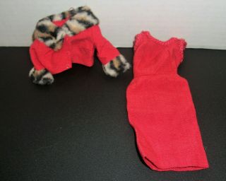 Vintage 2 Piece Barbie Red Dress W/ Ykk Zipper And Jacket W/ Faux Leopard Fur