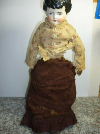 S Rare Antique 16 " Porcelain Girl Doll Short Black Hair Leather Hands Victorian