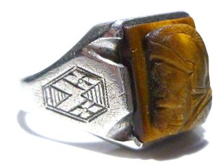 Antique Old Art Nouveau Deco Sterling Silver Tigers Eye Mens Shield Intglio Ring