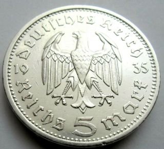(863) Antique Wwii German 3rd Reich 1935 F 5 Reichsmark Silver Coin