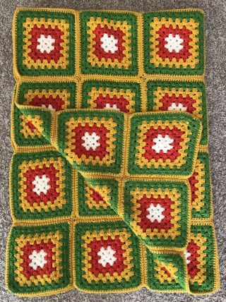 Vintage Hand Crochet Afghan Blanket Granny Squares Yellow Green Red White