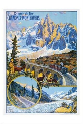 Chamonix France Vintage Train Travel Poster Bridge Mountains 24x36 Prized
