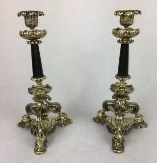 Antique - 19th Century Gothic French Bronze And Black Marble Candlesticks (pair)