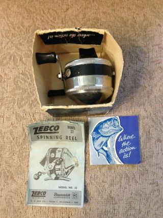 Vintage Zebco Spinner 33 Fishing Reel W/ Box & Brochure